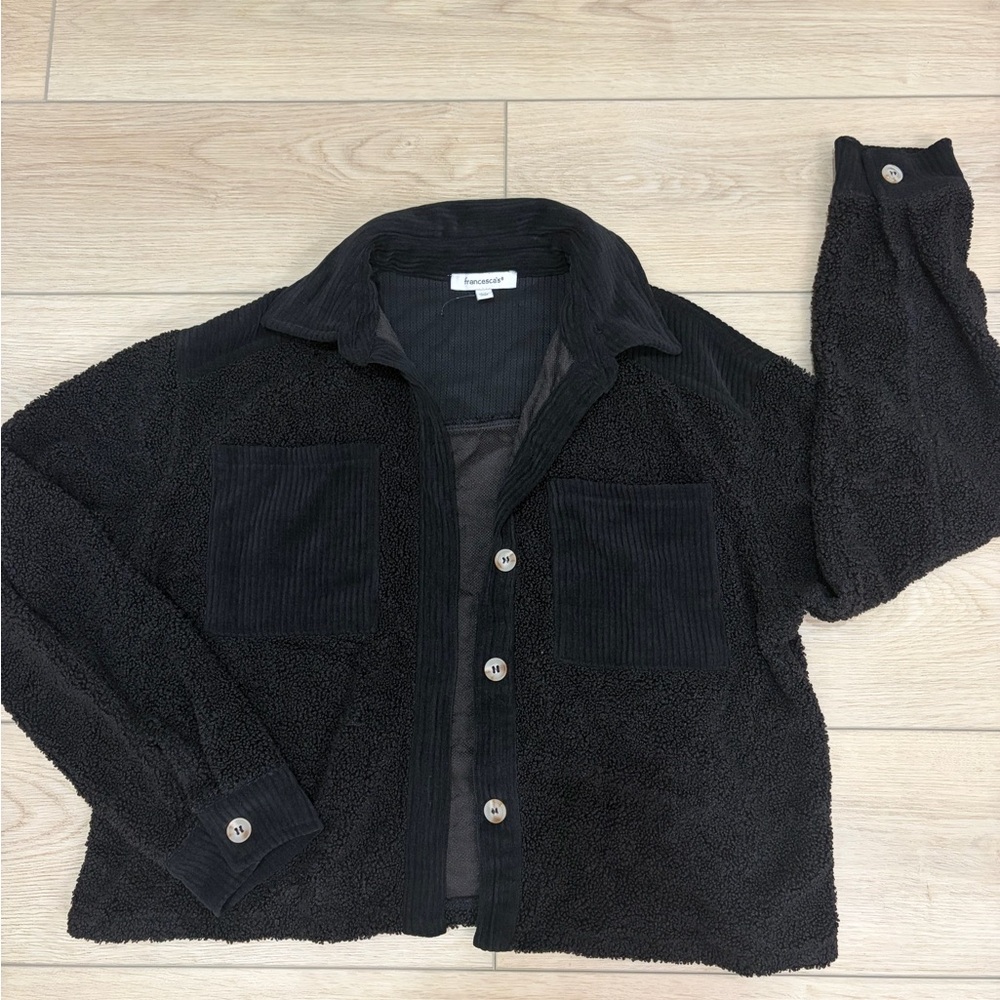 Francesca’s Cozy Teddy Fleece Black Button Jacket Pockets Collared Long Sleeve M